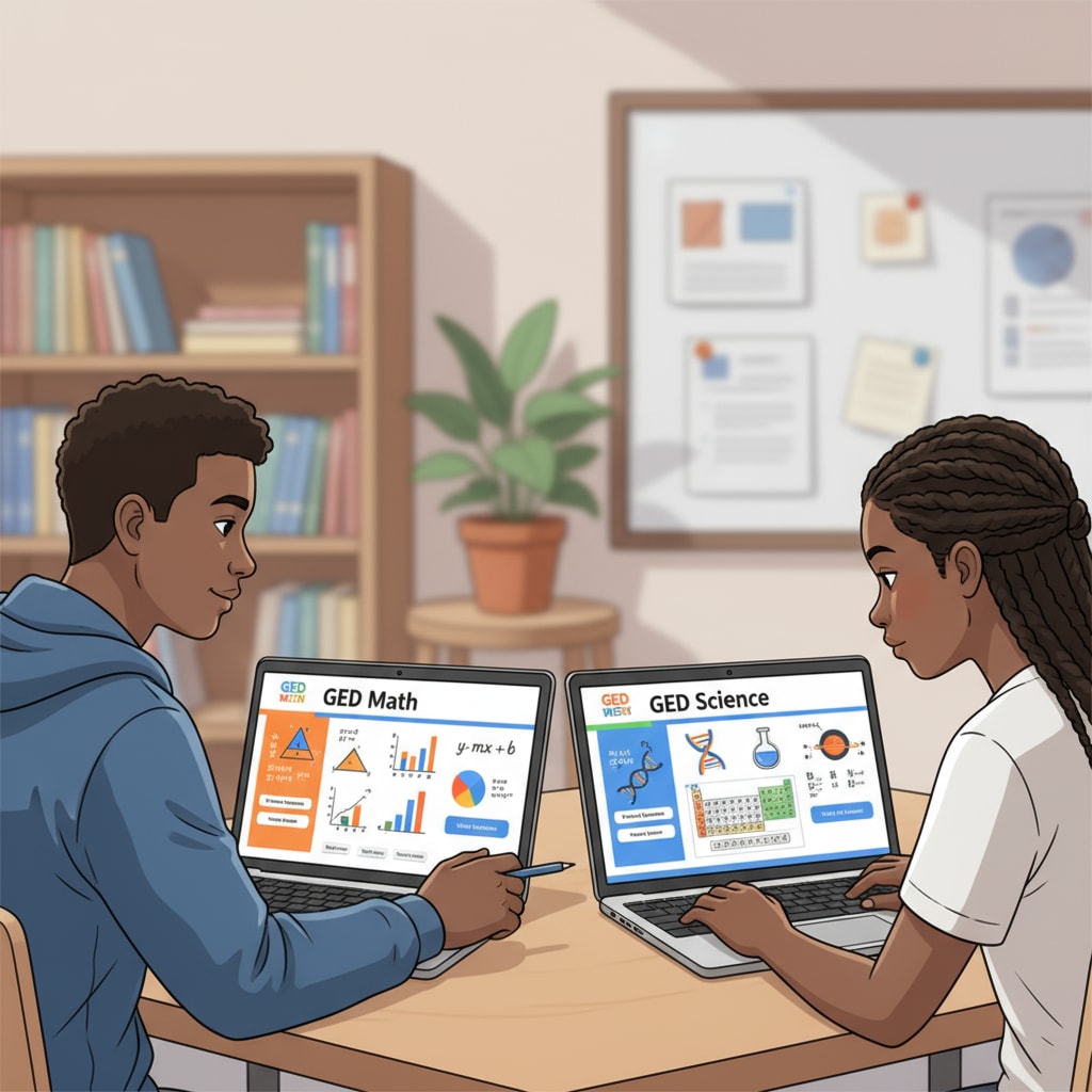 Two students are sitting in front of laptops, with the screens showing GED math and science course materials. Students using laptops to access online GED math and science courses