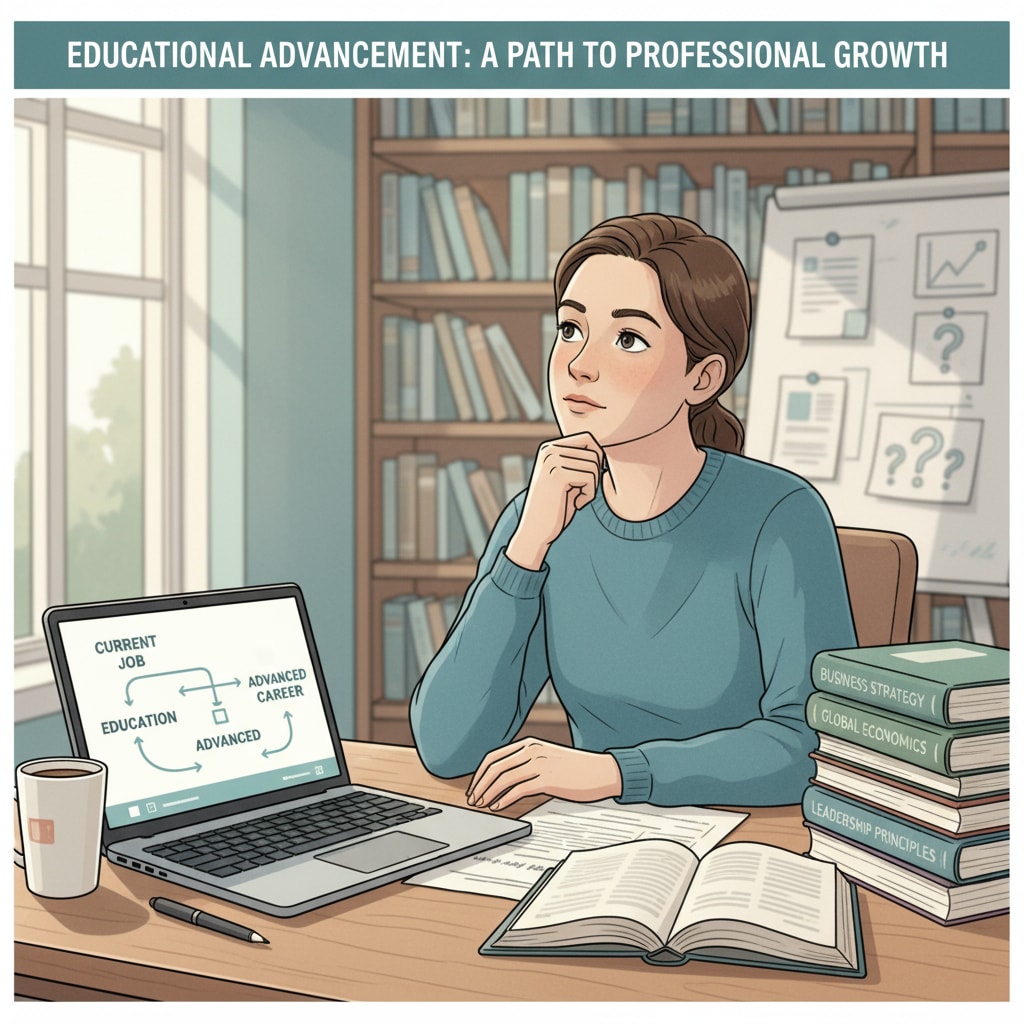 A person is sitting at a desk, surrounded by books and a laptop, with a thoughtful expression, as if considering further education options. This represents the moment of contemplation when thinking about educational advancement for career improvement. A person contemplating further education for career and educational提升