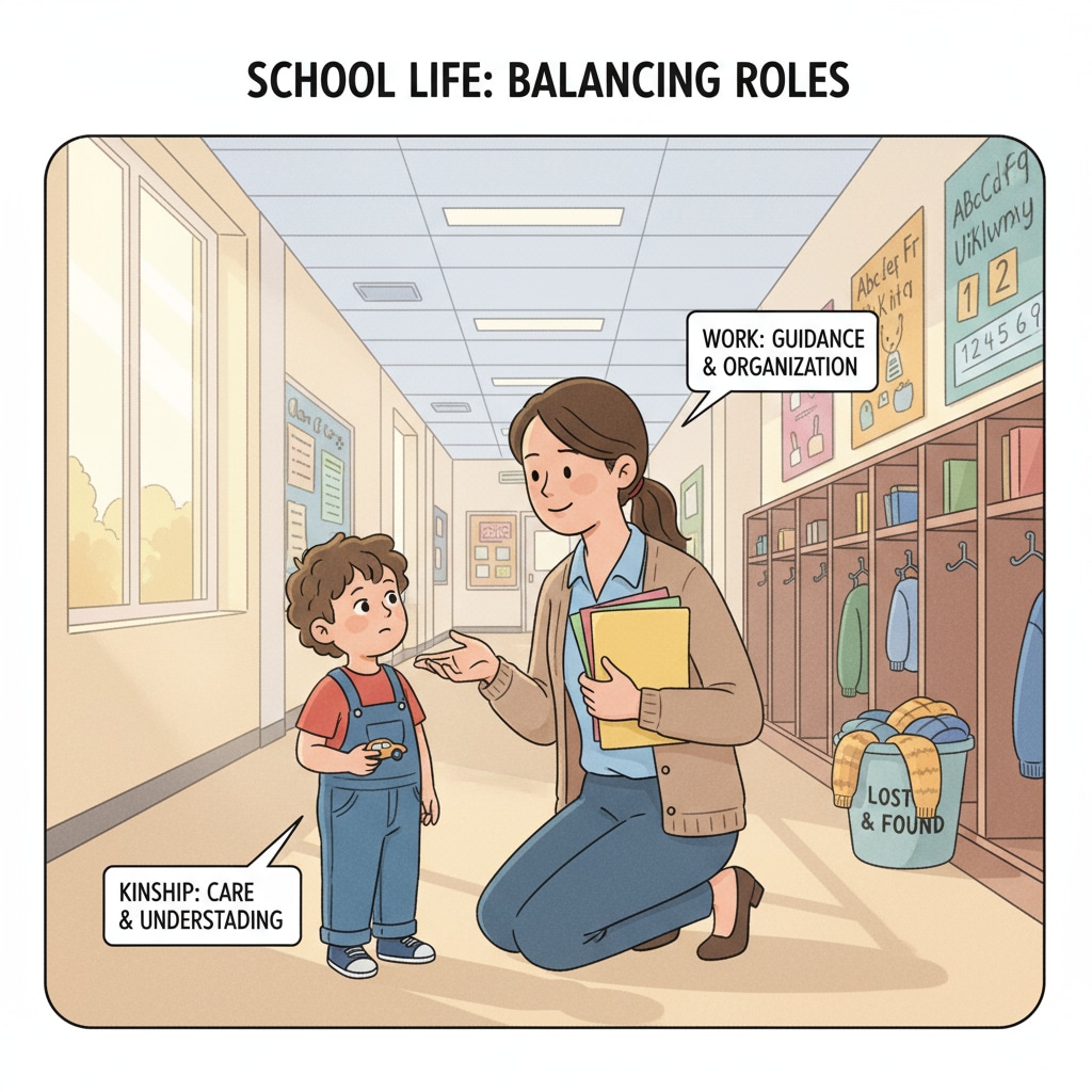 A primary school administrative assistant is seen talking to a young child in a friendly yet firm way, highlighting the interaction between work and kinship in a school setting. A primary school administrative assistant managing a child's request, related to workplace boundaries, kinship ties, and child behavior management