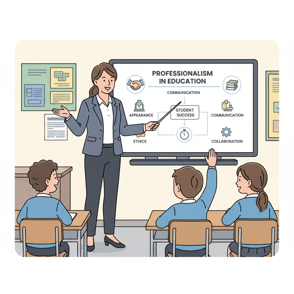 A teacher stands in front of a classroom, maintaining a professional appearance while engaging with students, emphasizing the importance of professionalism in the educational workplace. A teacher demonstrating professionalism in a classroom, relevant to workplace boundaries, kinship ties, and child behavior management