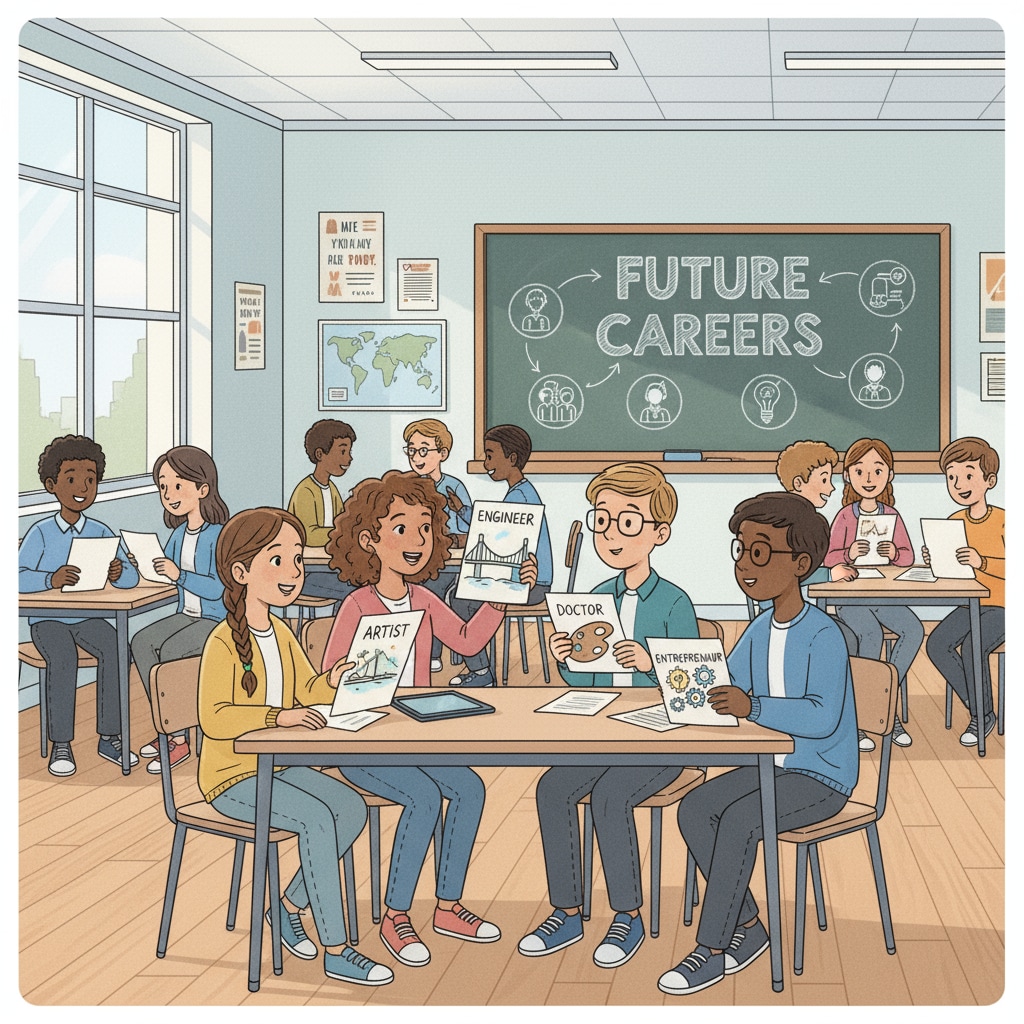 A classroom scene where students are engaged in a discussion about their future careers, with some holding papers with career-related ideas. Students discussing dream careers and considering employment concerns during career planning in a classroom.