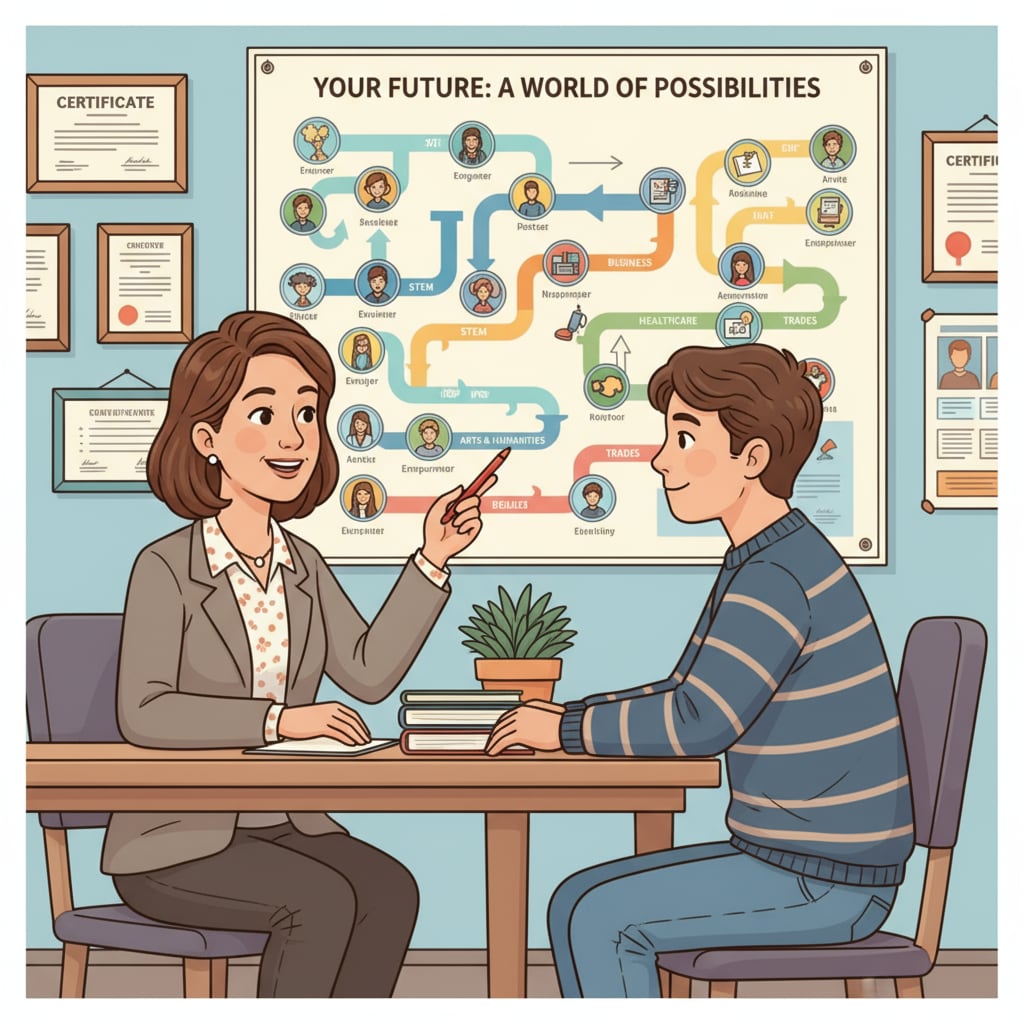 A teacher and a student sitting in a counseling room, with the teacher pointing at a career map and explaining career paths. A teacher providing career planning guidance to a student worried about employment in their dream career.