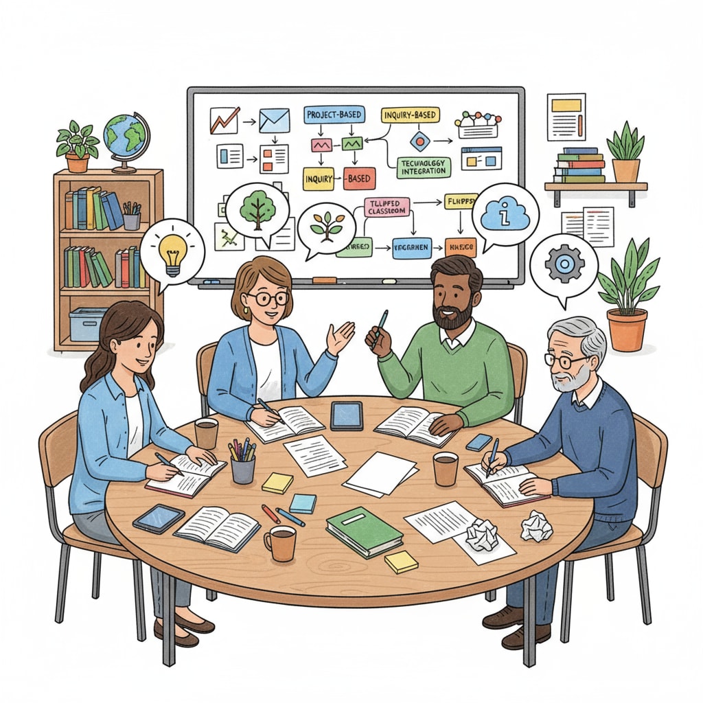 A group of teachers are sitting around a table, discussing and jotting down innovative teaching ideas on papers. Teachers discussing innovative teaching ideas for student engagement