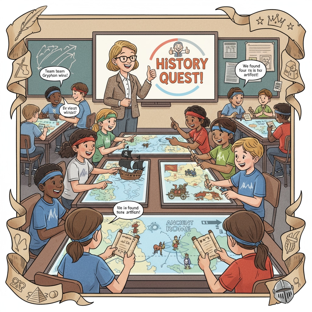 Students in a history class are divided into teams, excitedly participating in a gamified activity related to historical events. Students actively participating in a gamified history class for better engagement