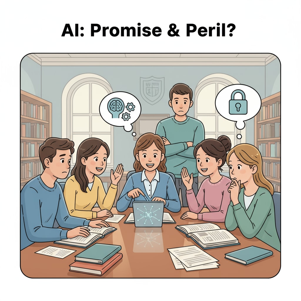 A group of students are engaged in a discussion about AI in an academic setting, with some looking interested and others expressing concerns. Students discussing AI in an academic context related to false accusations and university responsibilities