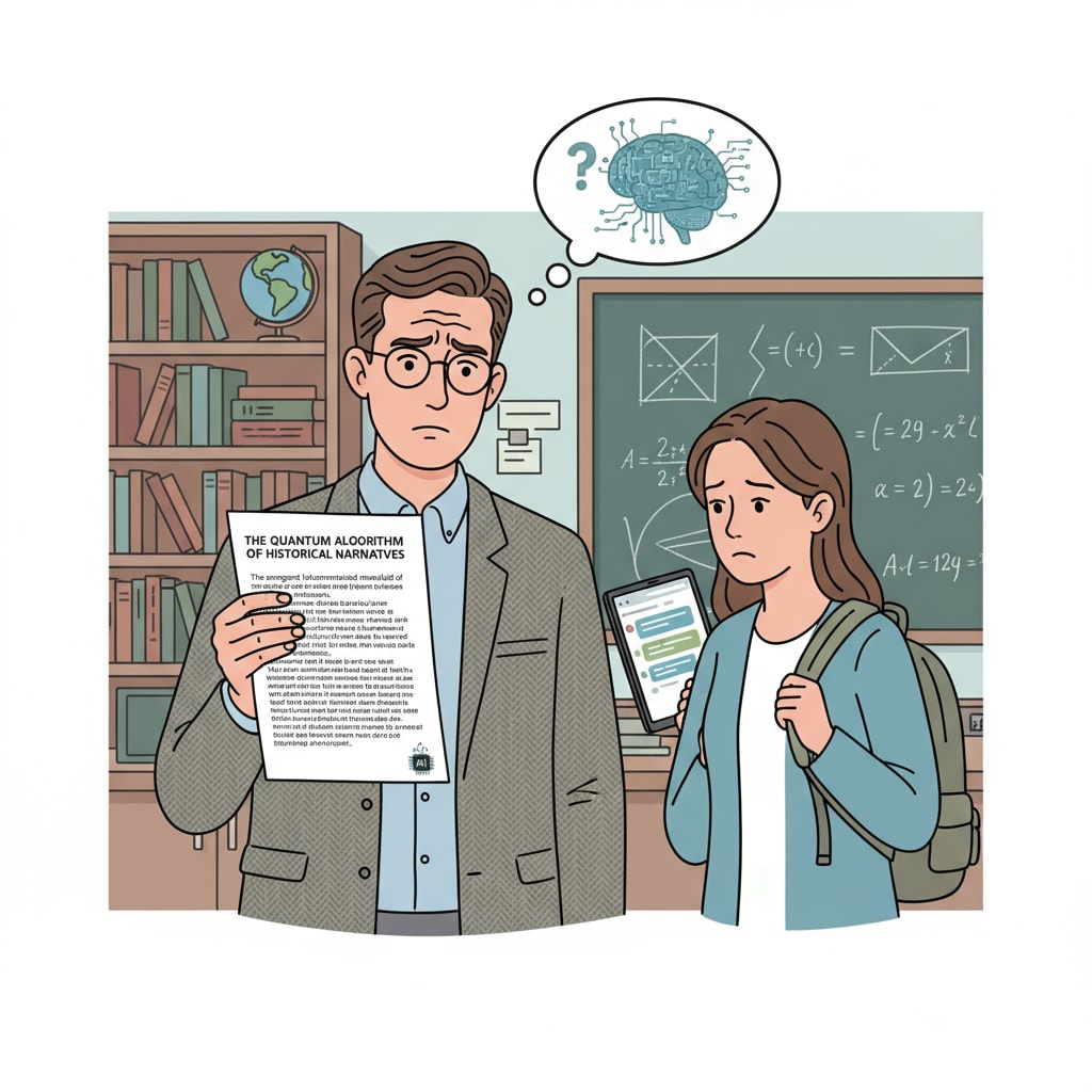 A professor is looking at a student's paper with a confused expression, as if trying to determine if AI was used. Professor examining a student's paper for signs of AI use, related to false accusations and academic penalties