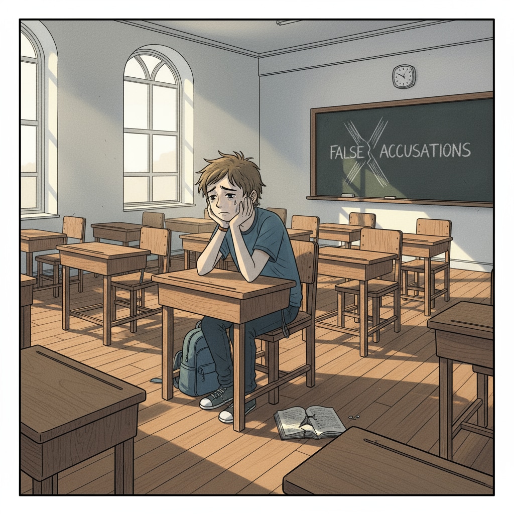 A sad student is sitting alone in an empty classroom, looking dejected, which represents the impact of false accusations on students. Sad student in an empty classroom due to false accusations of AI use