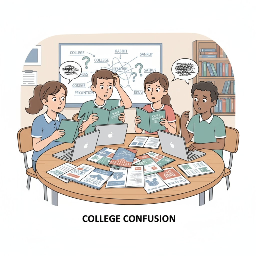 A group of high school students sitting around a table, looking at college brochures, with expressions of confusion on their faces. High school students confused about college major choices