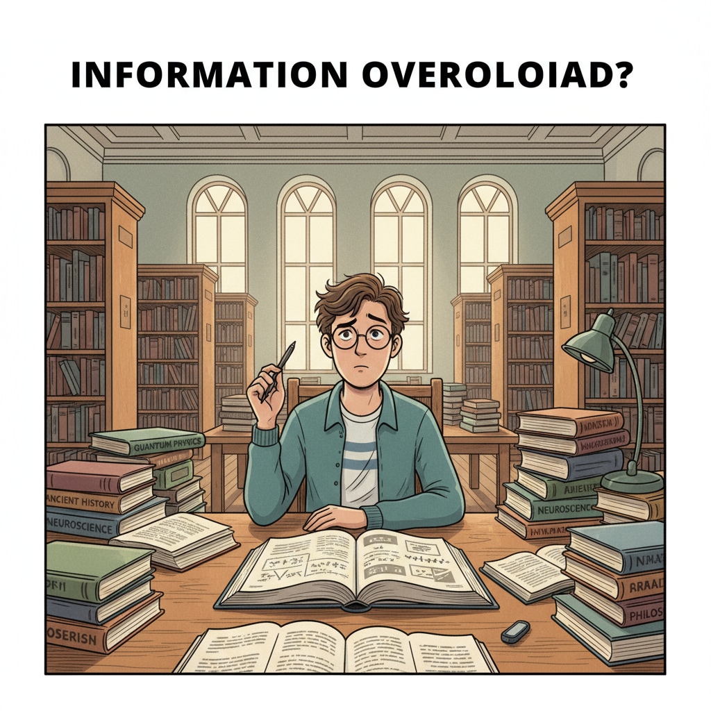 A student sitting in a library, surrounded by books on different subjects, looking lost. Student in library confused about choosing a major based on interests