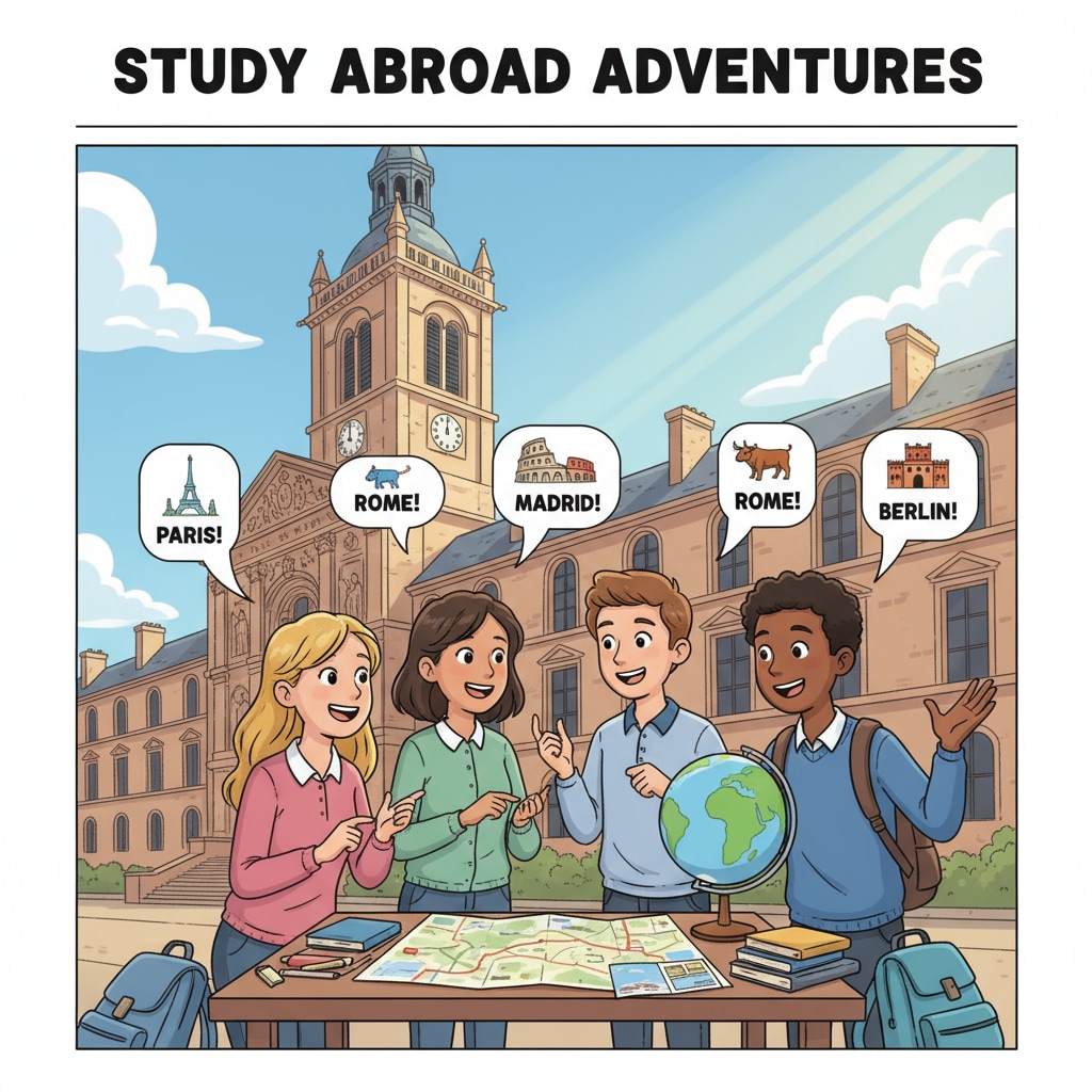 A group of students are having a discussion about their study abroad plans in front of a magnificent European university building, showing their enthusiasm and anticipation. Students discussing study abroad plans related to university major selection, study abroad planning, and career direction in front of a European university