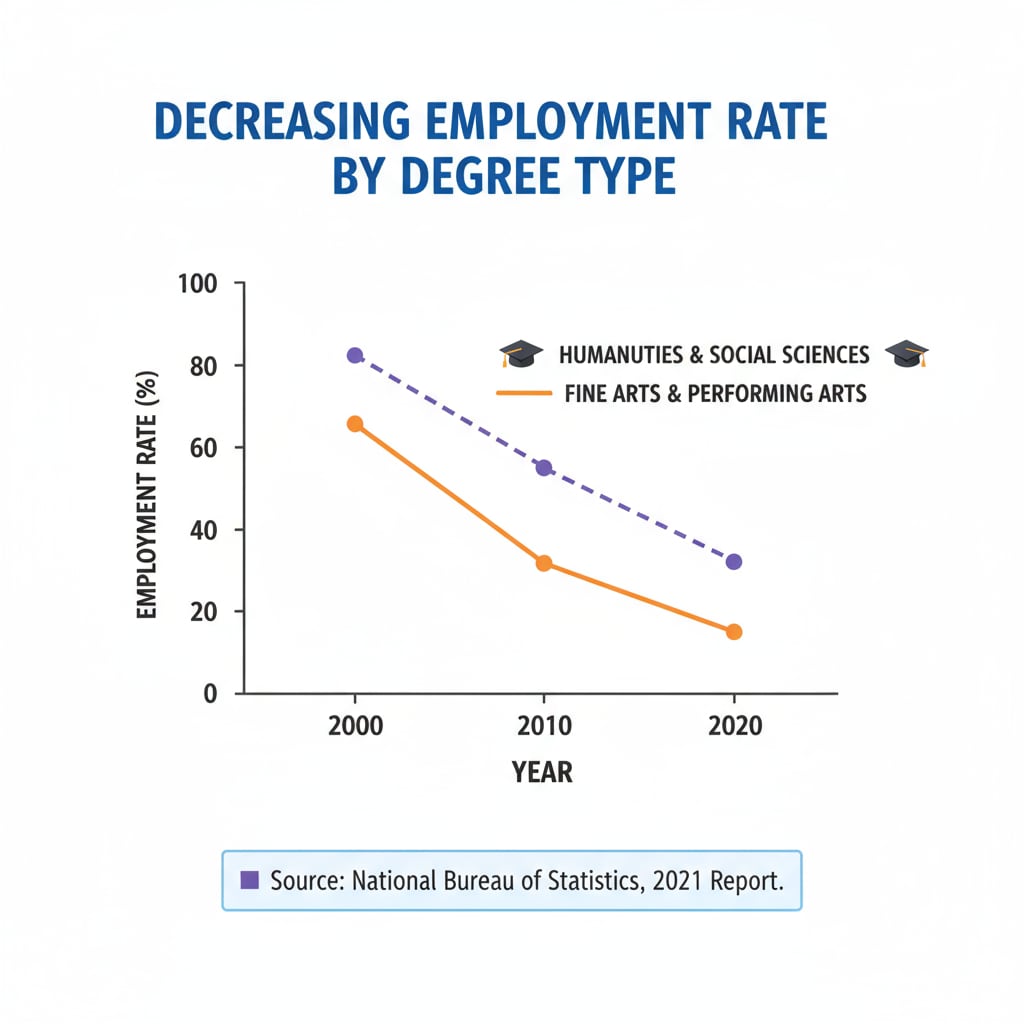 A graph showing the decreasing employment rate of certain degree holders in the job market Graph depicting the decline in employment rate of degree holders in the job market