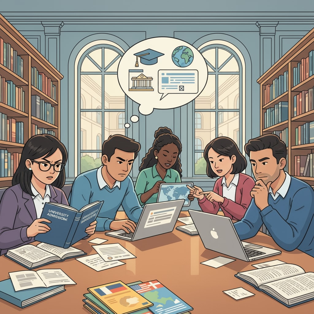 International students studying in a library, looking focused and determined as they prepare for their university applications. International students engaged in activities related to university applications, scholarships, and extracurriculars in a library