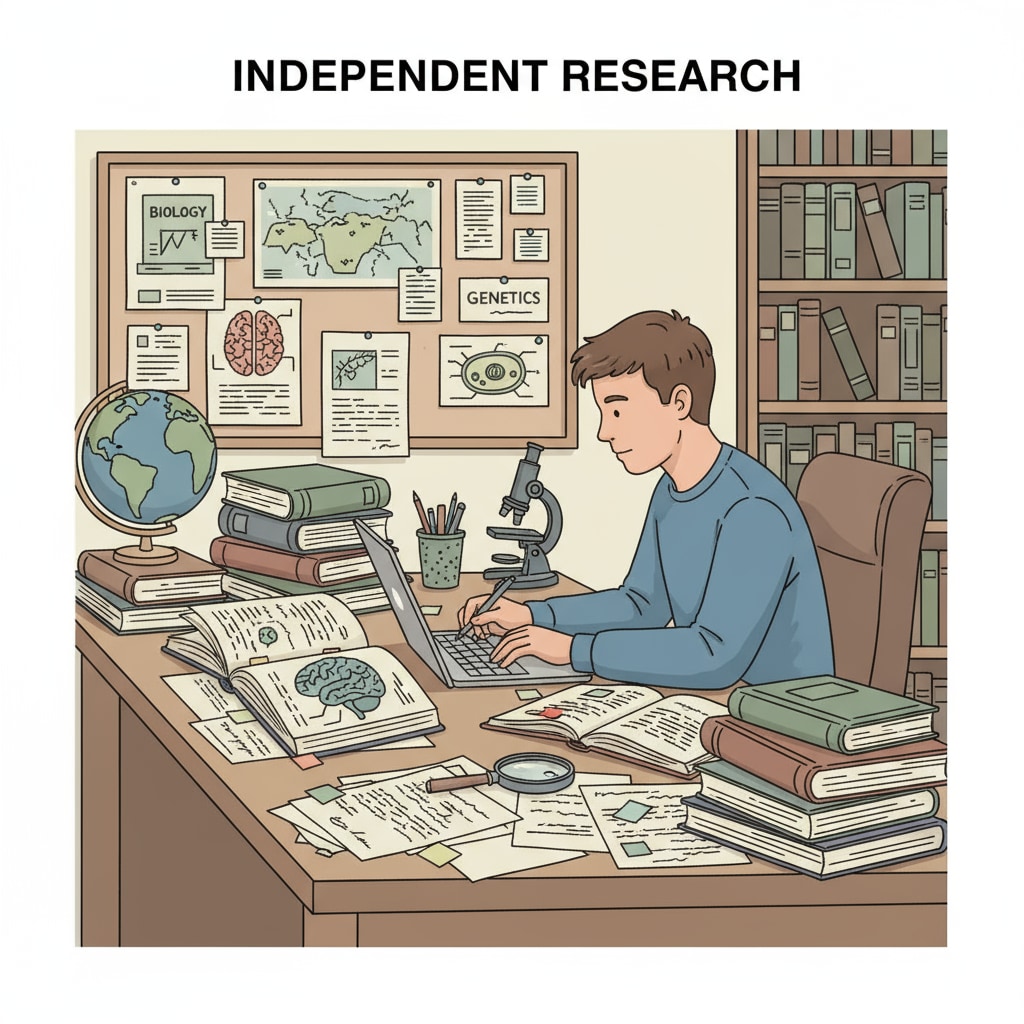 A student is shown working on a research project independently, with books and papers spread out, demonstrating self-driven learning. A student involved in a self-driven project relevant to university applications, scholarships, and extracurricular activities
