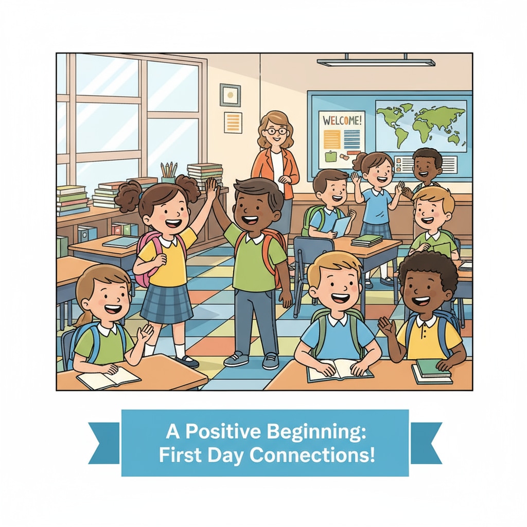 A group of K12 students are smiling and interacting on the first day of school, showing a positive start to their new environment. K12 students adapting to a new school environment during student transition