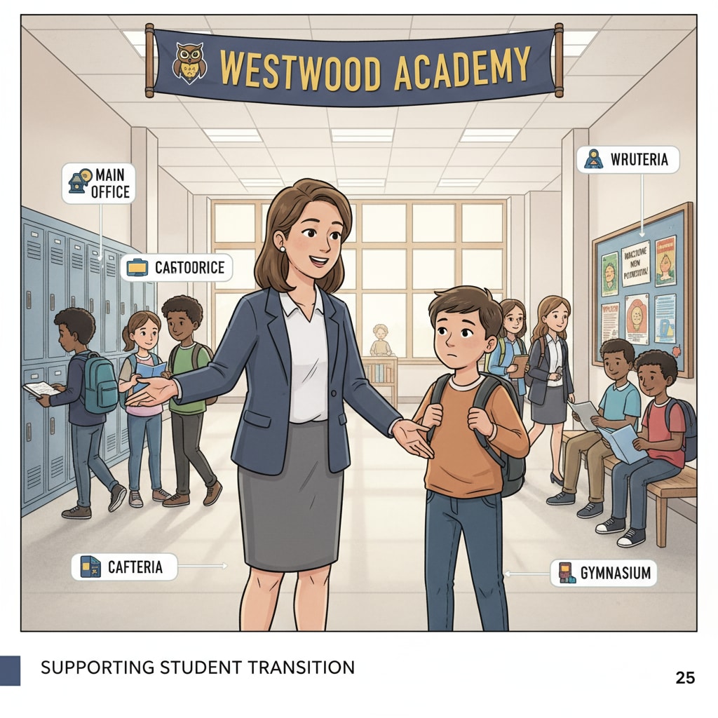 A teacher is guiding a new student around the school, providing support during the transition period. Teacher helping a student adapt to a new environment in educational research
