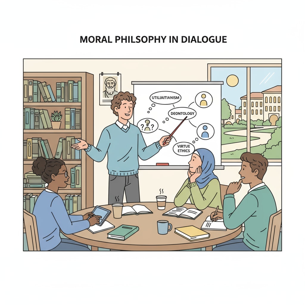 A group of students are engaged in a lively discussion about moral philosophy topics, with one student presenting an idea and others listening attentively. Students discussing moral philosophy to cultivate empathy and social responsibility