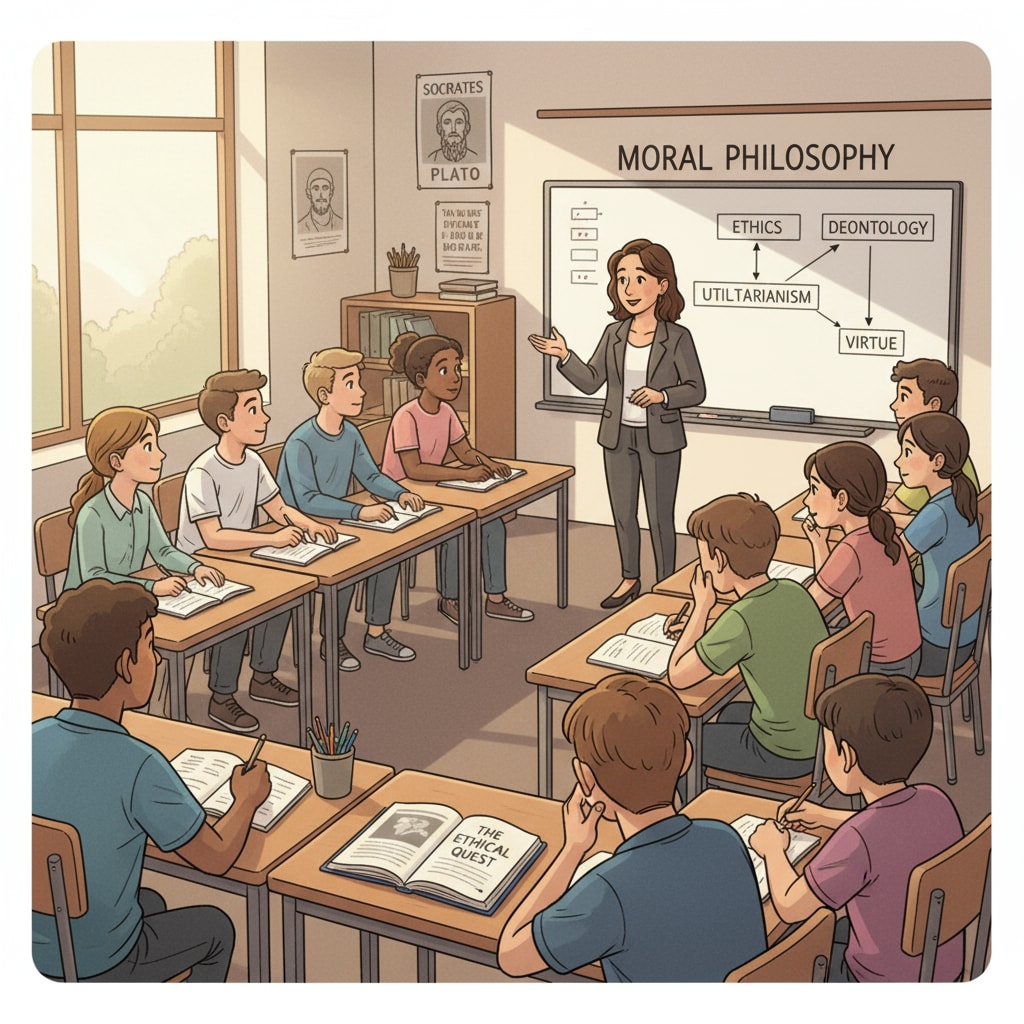 Students are sitting in a classroom, listening intently to their teacher during a moral philosophy class, showing their engagement in learning about ethics. Students learning ethics in a moral philosophy class to develop social responsibility