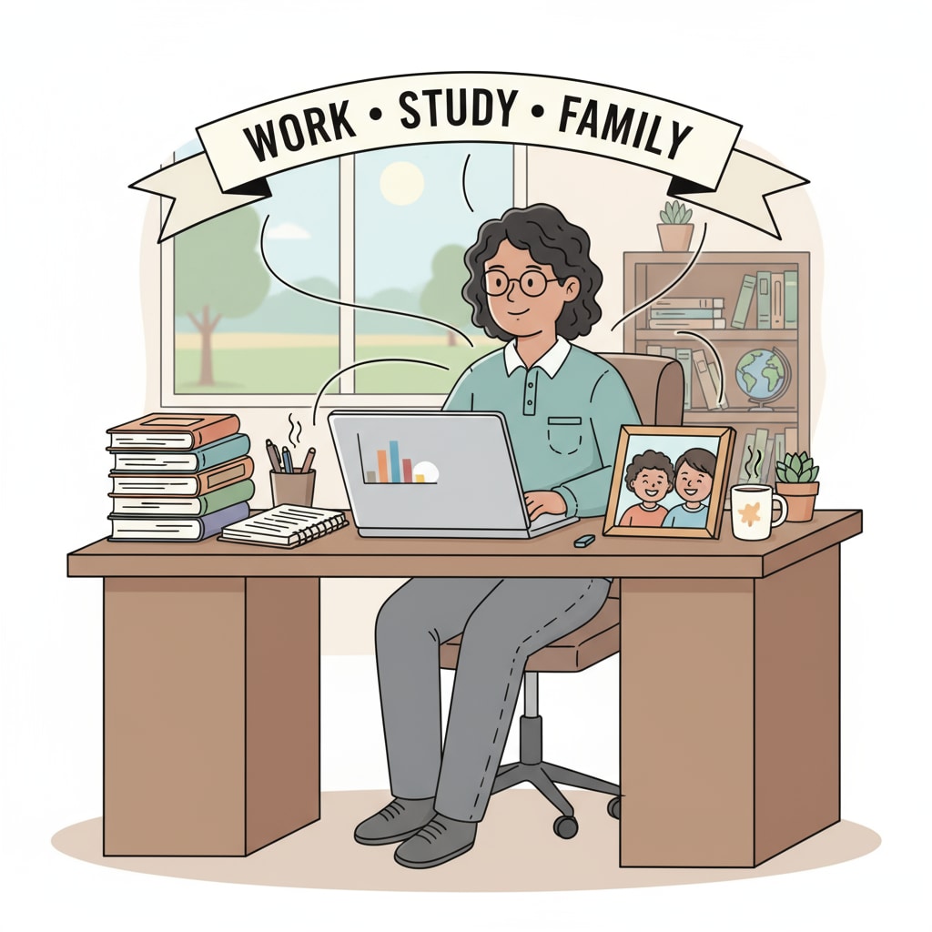 A person sitting at a desk with books, a laptop, and a family photo, representing the balance between work, study, and family A person balancing work, study, and family as seen through items on a desk