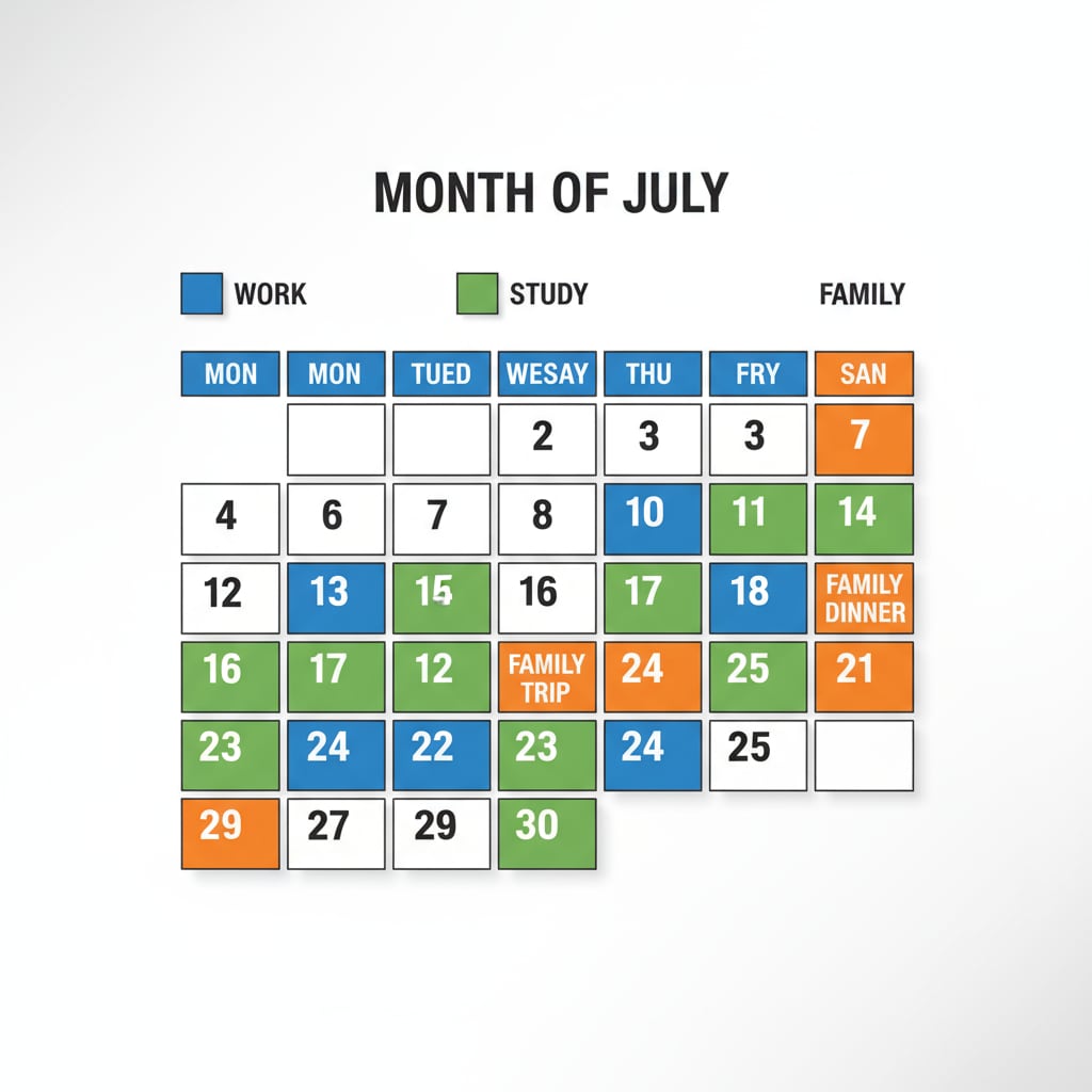 A calendar with different colored blocks for work, study, and family time A visual representation of time allocation for work, study, and family