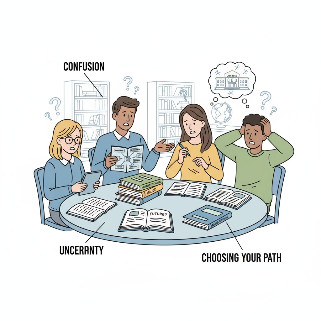 A group of students is engaged in a discussion about choosing university majors. They have worried expressions on their faces, symbolizing the confusion and uncertainty they feel. Students discussing university majors amidst confusion, reflecting the themes of university choice, major interest, and career confusion.