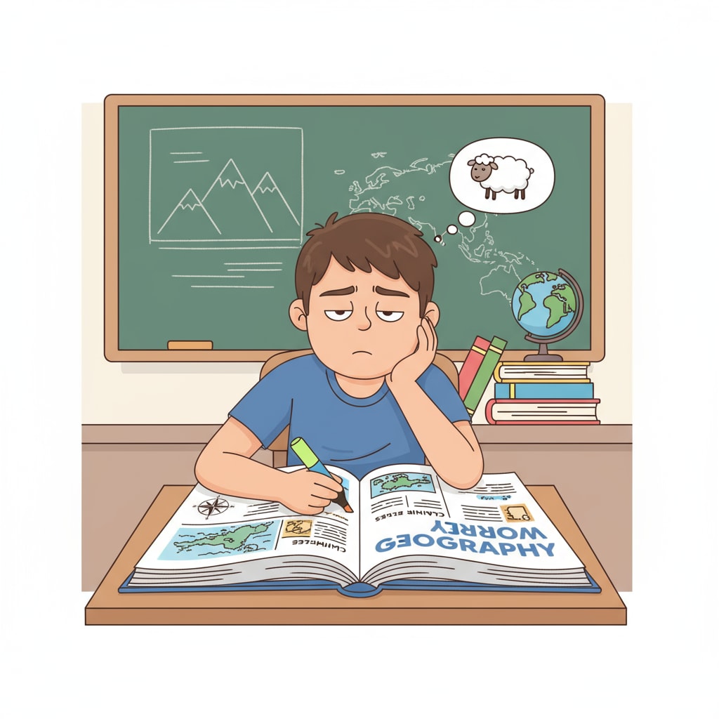 A single student is sitting at a desk, looking uninterested while reading a geography textbook. This represents the lack of enthusiasm for the subject. A bored student reading a geography textbook, highlighting the issue of lacking interest in a major, related to university choice, major interest, and career confusion.