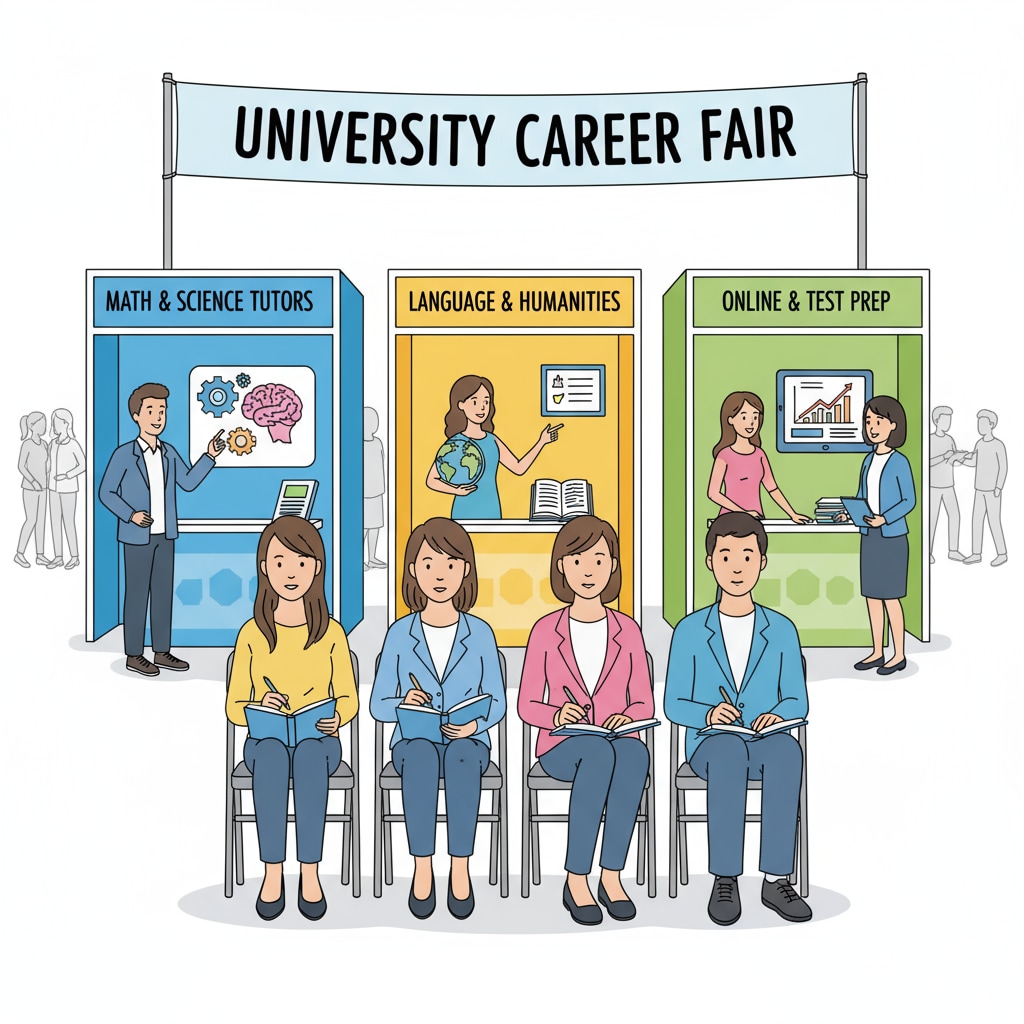 A group of university graduates sitting in a job fair, looking at tutoring job booths with concern. University graduates at a job fair considering low-paying tutoring jobs in Australia.