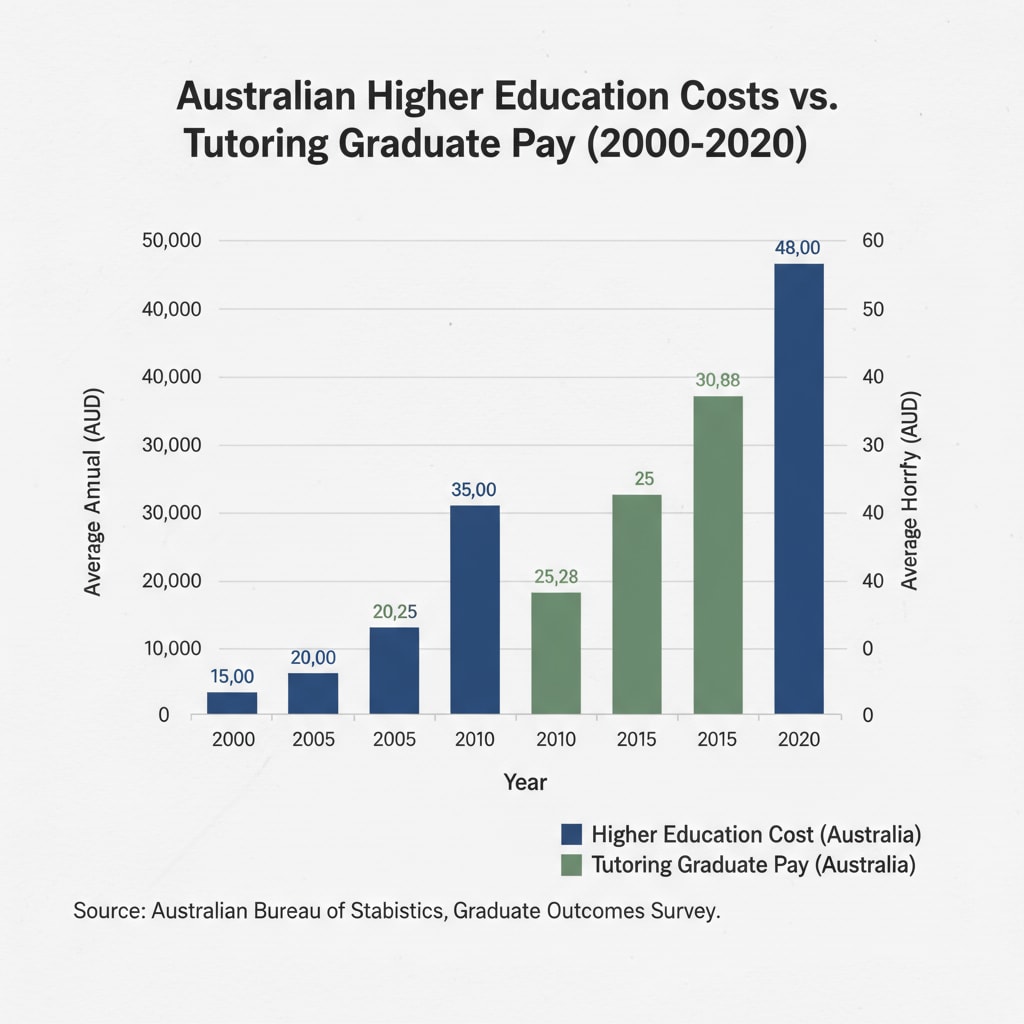 A bar graph comparing the rising cost of higher education in Australia and the relatively stable low pay for tutoring industry graduates. Graph showing the contrast between increasing education cost and stagnant tutoring pay for Australian graduates.