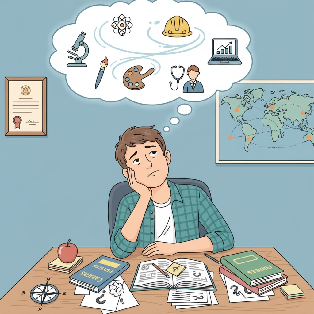 A young student is sitting at a desk, looking perplexed as he contemplates his future career options. There are books and papers scattered around, symbolizing the confusion and decision-making process. A confused student thinking about career choices amidst the conflict between parental expectations and personal desires in the context of career choices, father-son conflicts, and military education