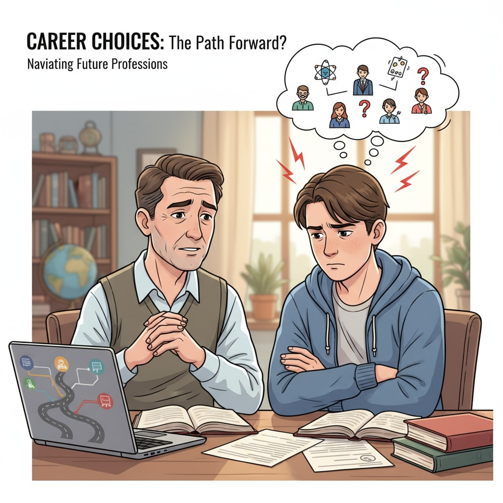 A father and son are engaged in a serious discussion. The father has a concerned expression, while the son looks a bit frustrated, highlighting the tension in their conversation about career choices. A father-son conversation about career choices showing the conflict within the family in relation to career choices, father-son conflicts, and military education