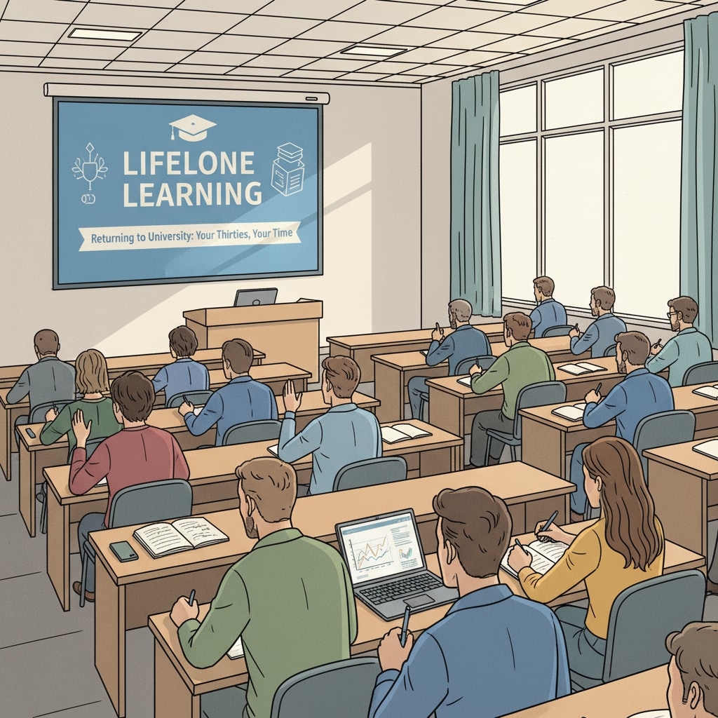 A group of diverse adults sitting in a university lecture hall, looking engaged, symbolizing the act of returning to university in their thirties after interrupted studies. Adults returning to university after interrupted studies in their thirties