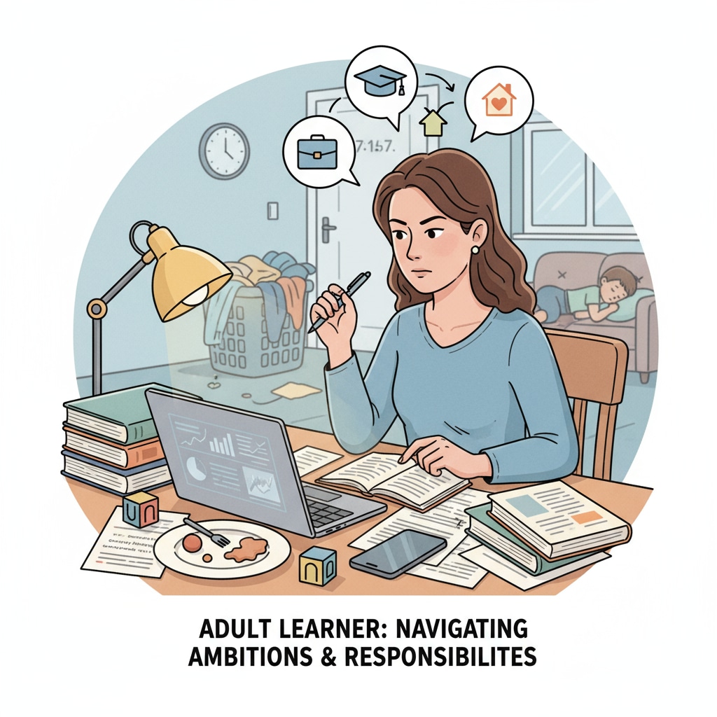 An adult student studying at home, with books and a laptop, representing the challenges and efforts of an adult learner in balancing studies with other life commitments. Adult student studying at home after interrupted studies