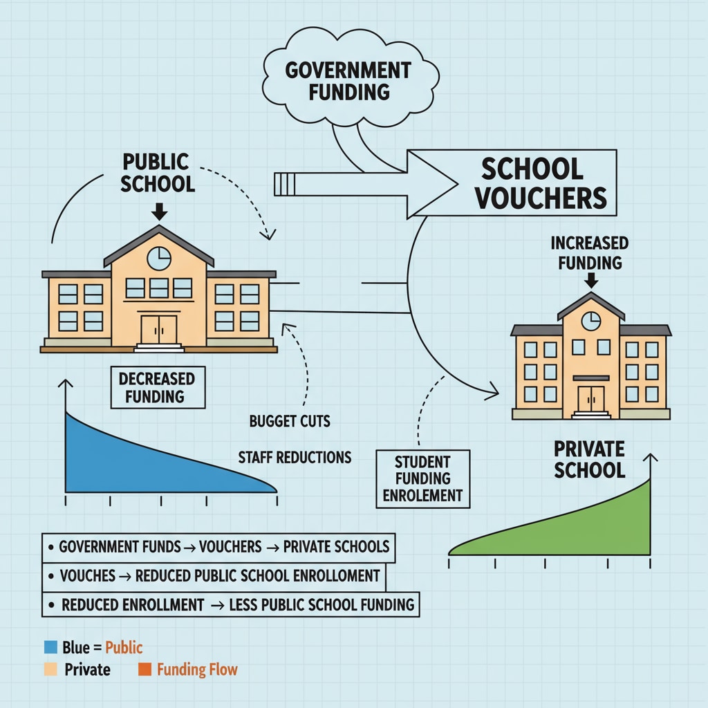 An illustration depicting the flow of school vouchers and how they might influence the funding of public schools. Illustration of school vouchers and their impact on public school funding