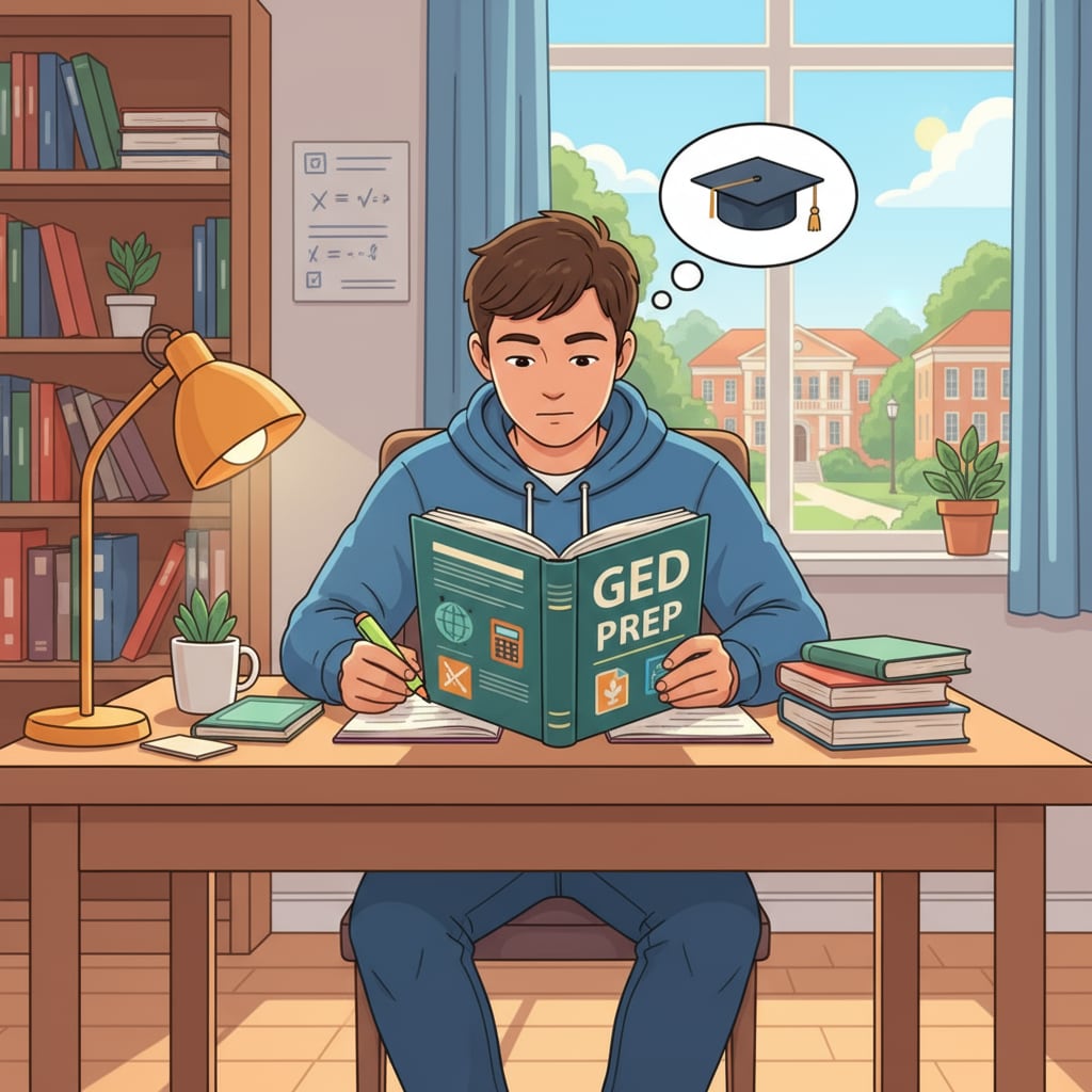 A student studying GED materials at a desk. Student studying GED materials for education recovery.