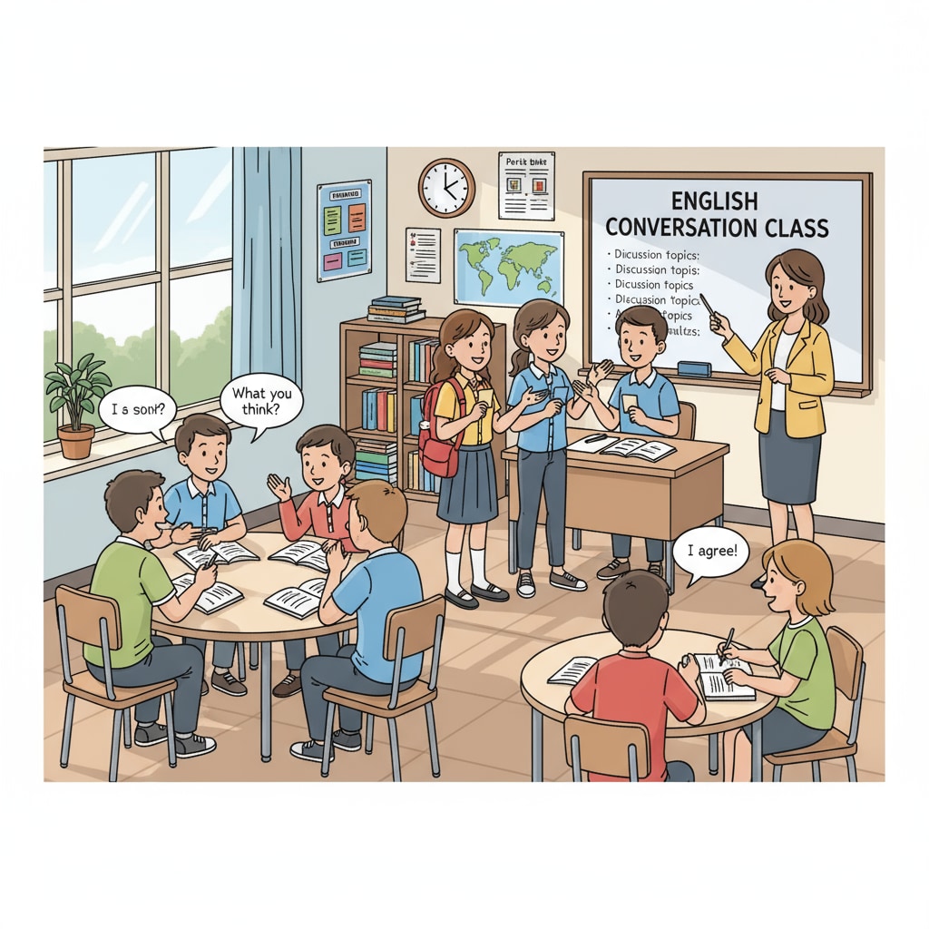 A classroom scene where students are actively involved in an English language activity, such as group discussions or role-playing. Early English education teaching methods in action for language acquisition in a lower primary classroom