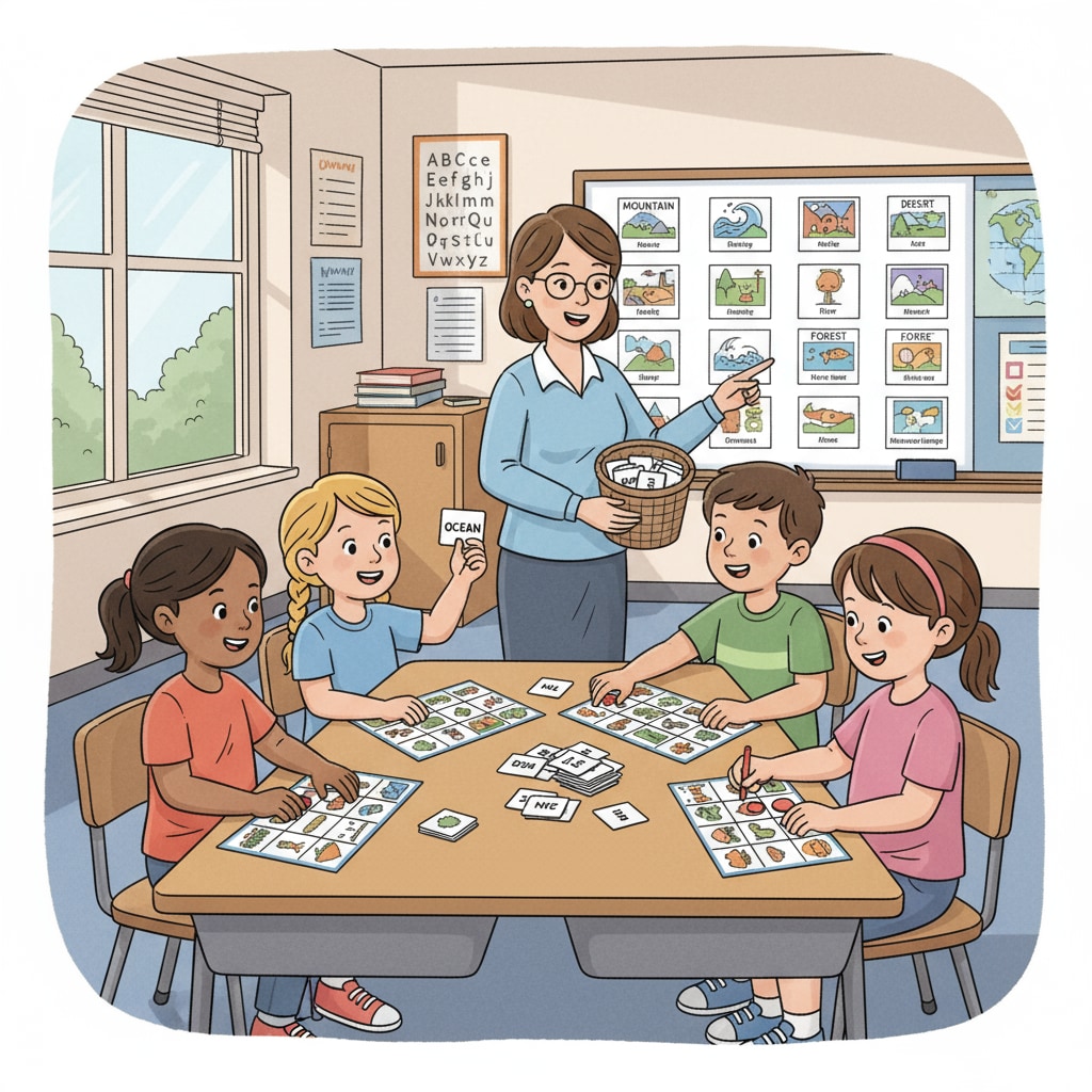 Students are playing vocabulary bingo games, concentrating on matching words with the correct pictures or definitions. Game-based learning for early English education to facilitate language acquisition in lower primary students