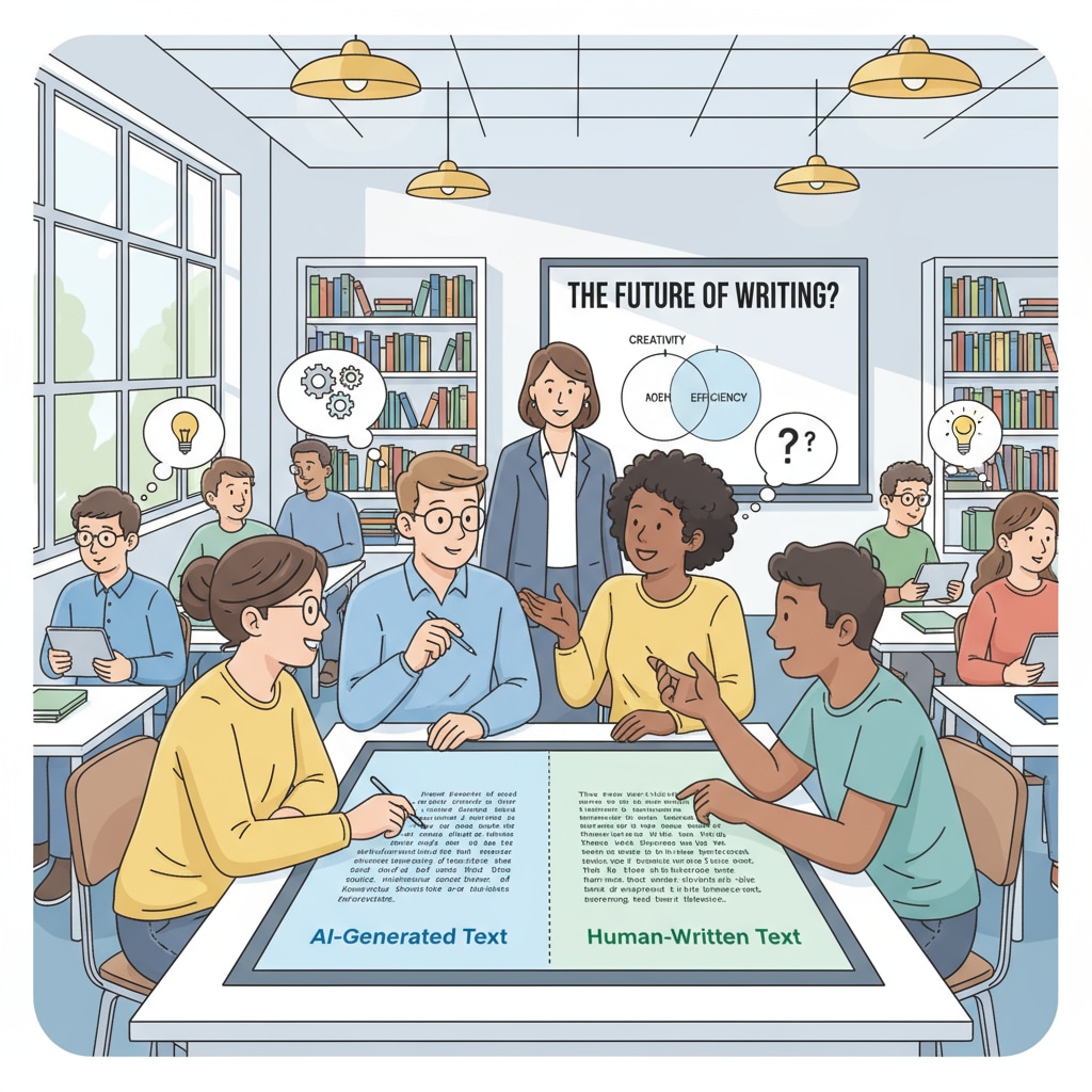 A classroom scene where students are discussing AI writing and human writing. Some students are gathered around a table, pointing at texts on a screen and having a lively conversation. Classroom discussion on differentiating AI writing and human writing for teaching authenticity