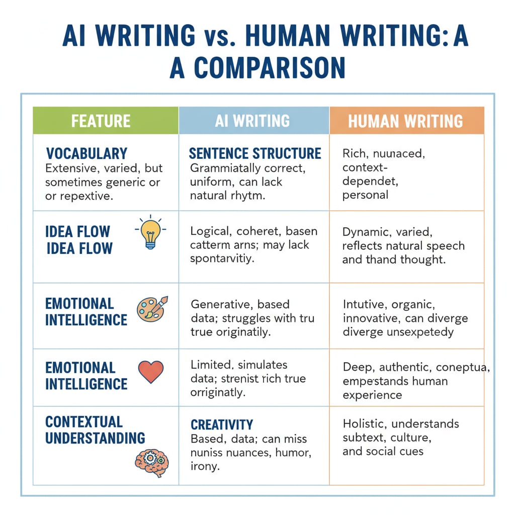 A comparison chart of AI writing and human writing features. It shows columns for different aspects like vocabulary, sentence structure, and idea flow, with details highlighting the differences. Comparison chart for teaching students to distinguish AI writing from human writing