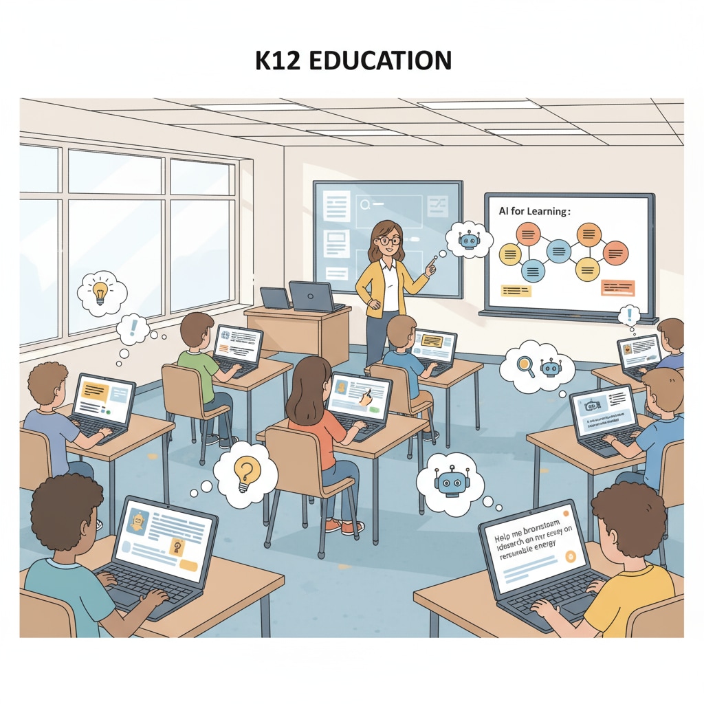 Students are using AI tools such as laptops with AI writing software in a classroom, showing the common scenario of AI use in K12 education. Students using AI tools in a classroom setting related to AI policies, academic integrity, and skill values