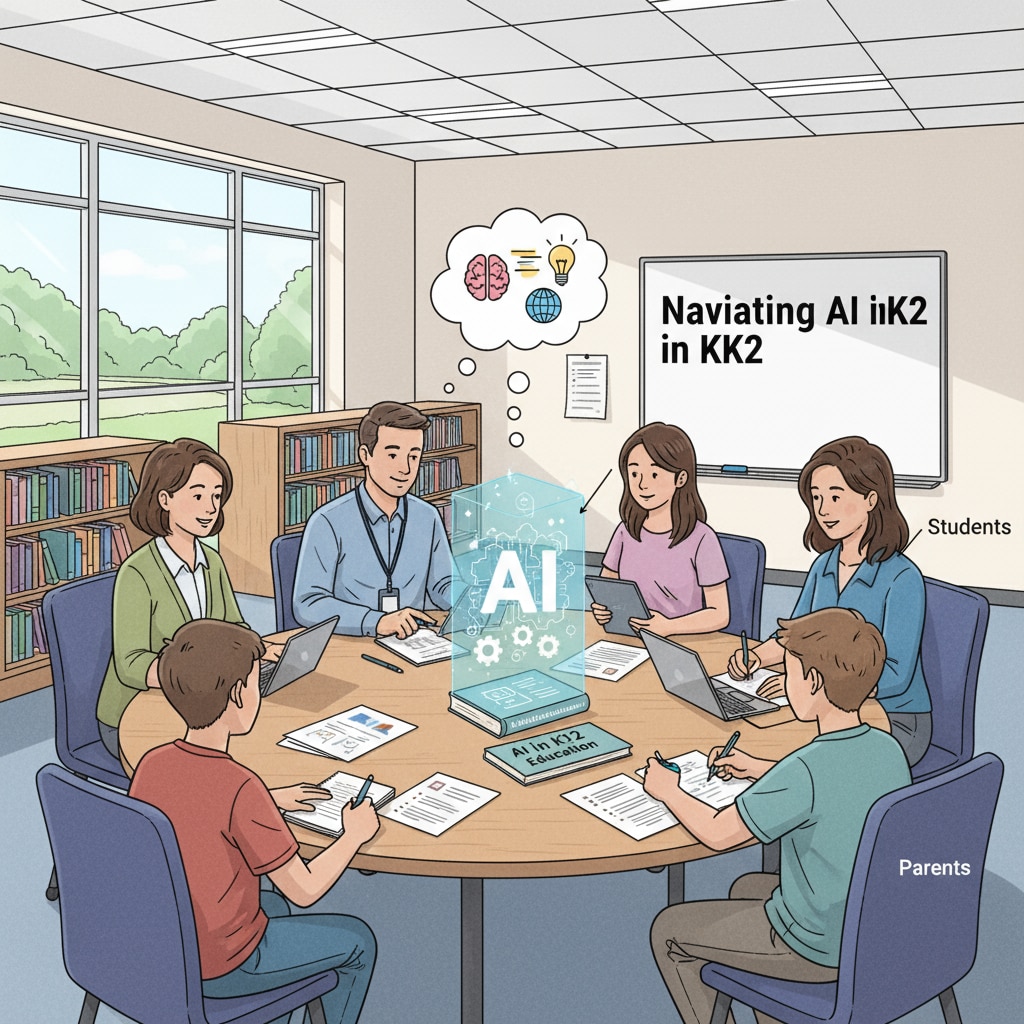 Educators, students, and parents are sitting around a table, discussing and collaborating on how to deal with AI in K12 education. Educators, students, and parents collaborating to address AI in K12 education regarding AI policies, academic integrity, and skill values