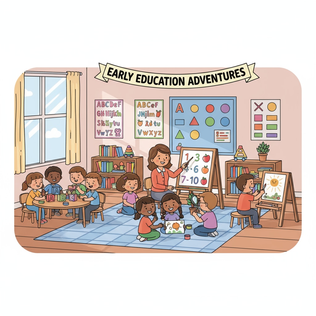A classroom scene with kindergarten children participating in learning activities, highlighting the concept of early education. Kindergarten children in an educational setting related to gifted programs and educational equality.