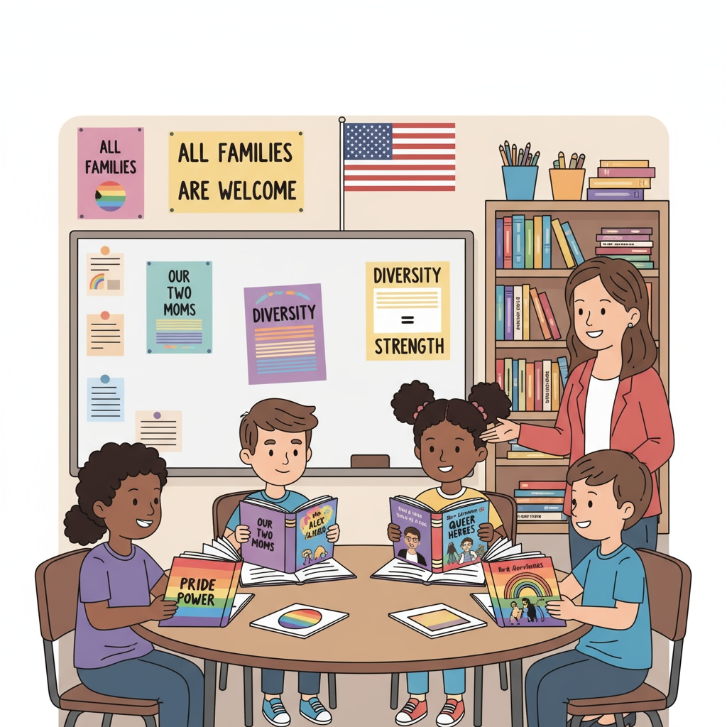 A group of students in a DoD school classroom engaged in reading LGBTQ+ books, showing an inclusive learning environment. Students reading LGBTQ+ books in a DoD school classroom as a result of the First Amendment ruling.