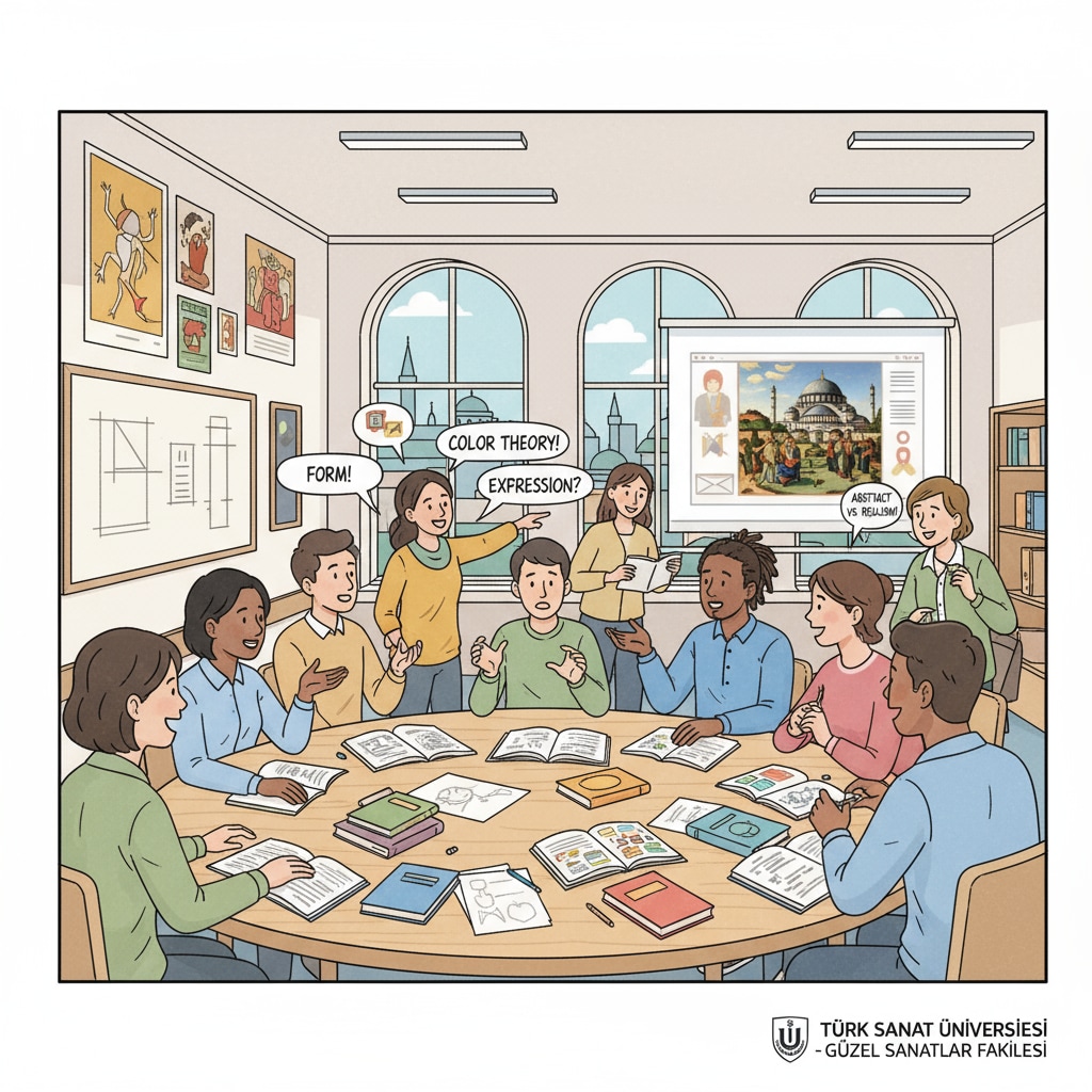 A classroom in a Turkish university where students are having an animated discussion about art concepts. The students are from different backgrounds, and the atmosphere is vibrant. English-taught art class in a Turkish university for international students