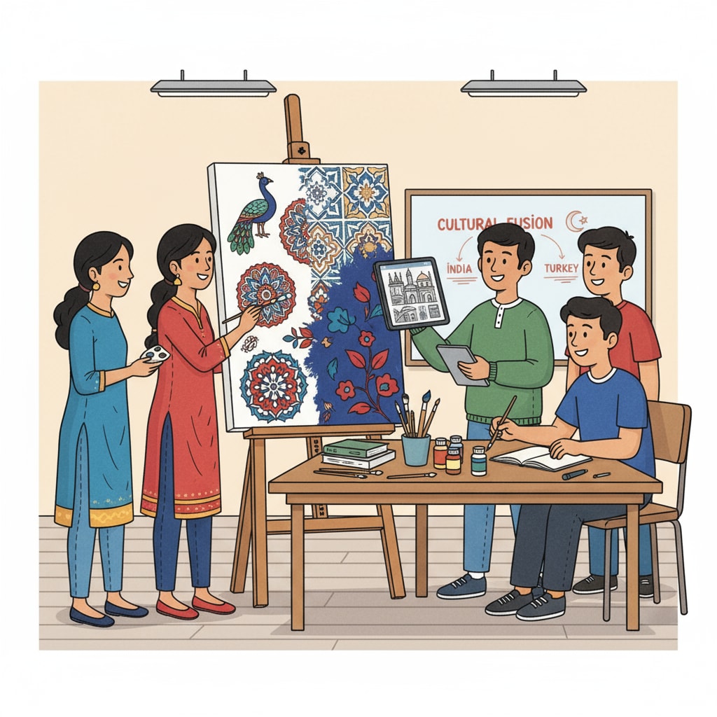 A studio where Indian and Turkish students are working together on an art project. They are sharing ideas and collaborating on a large-scale painting. Indian and Turkish students collaborating on an art project in a Turkish studio