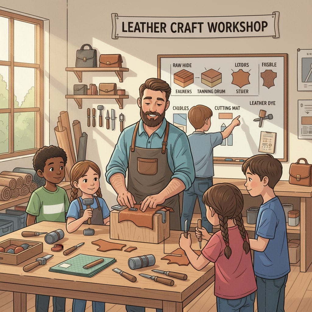 A classroom scene where children are carefully observing and learning leather - making techniques from an instructor. Children learning leather education related to traditional handicrafts