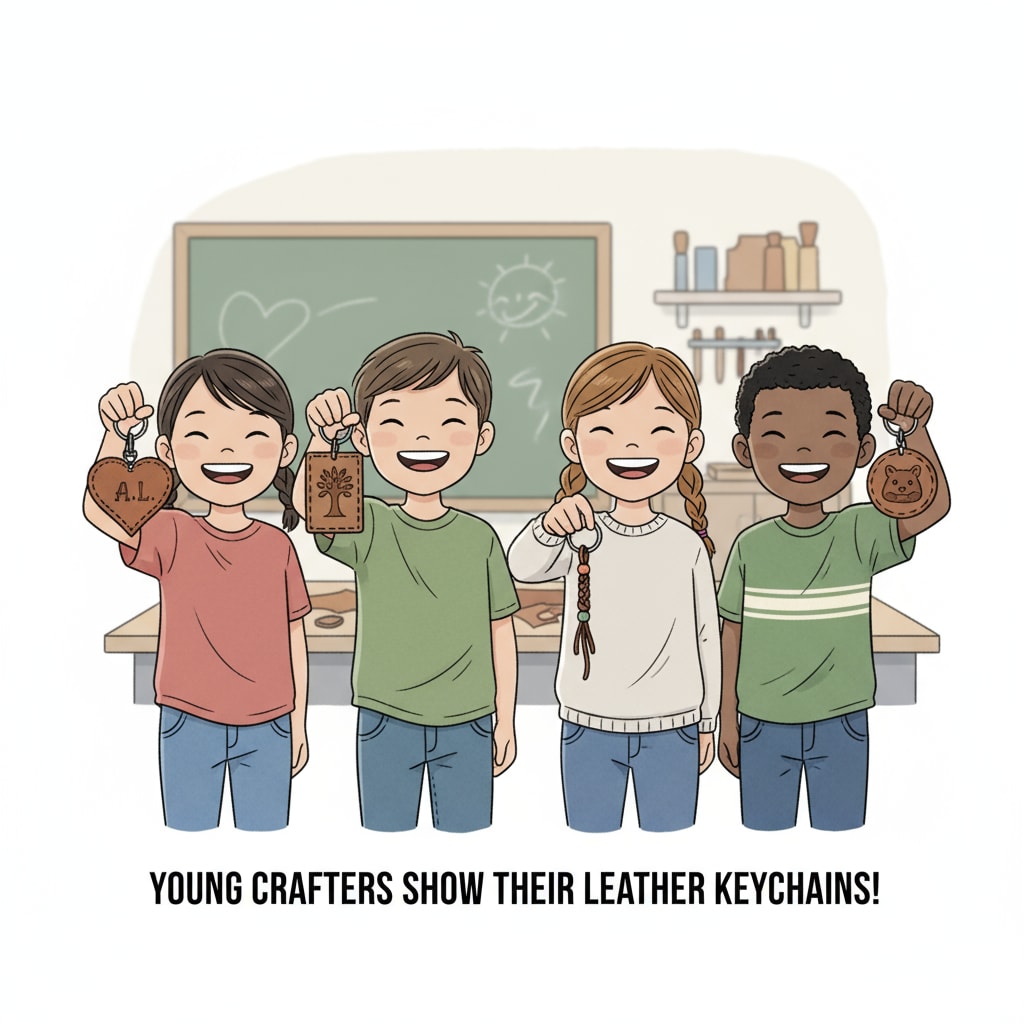 A group of children smiling widely while holding their self - made leather keychains, showing their pride. Children's achievements in leather education for traditional handicrafts