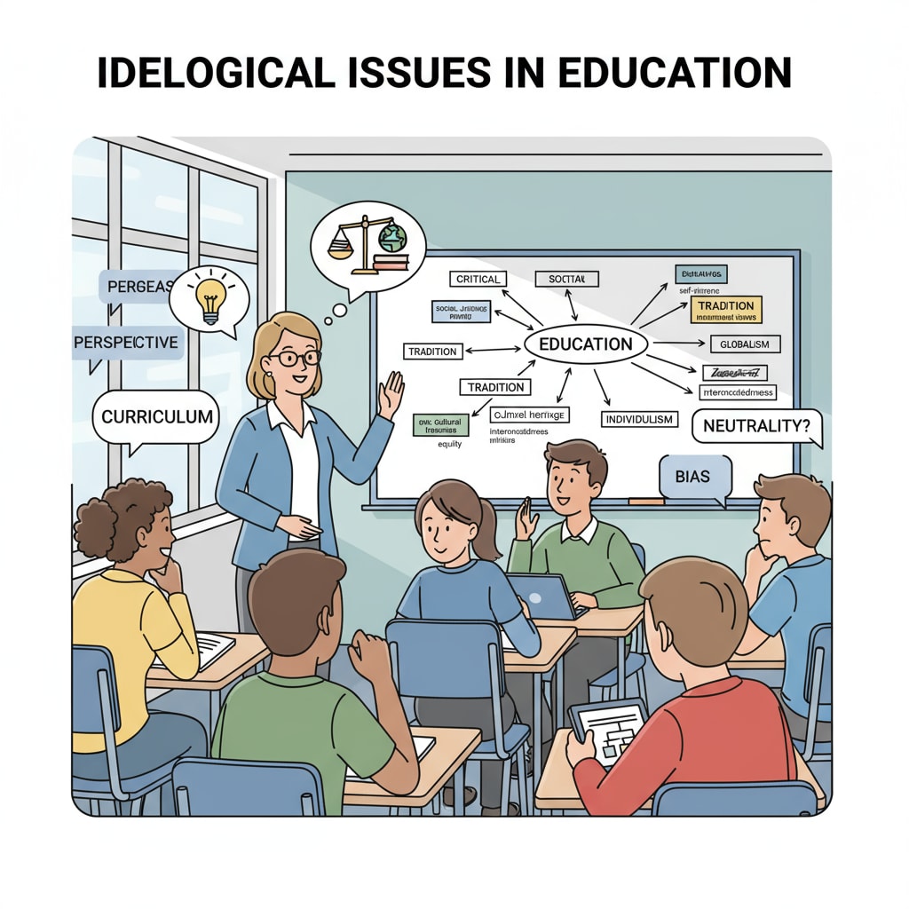 A classroom scene where students and a teacher are having a discussion about ideological issues in education, showing the complexity of ideas in the educational environment. Classroom discussion on ideological issues in US public education
