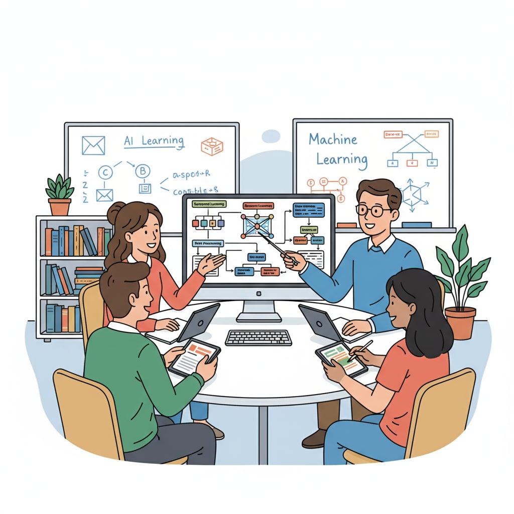 Students are engaged in a classroom discussion about AI concepts. There is a computer in the middle, and the screen shows diagrams related to AI algorithms. This represents the active learning environment for AI education. AI courses, prompt engineering, and educational development in a classroom setting