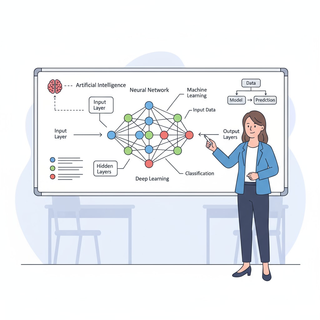 A teacher is standing in front of a whiteboard, explaining AI concepts. The whiteboard has detailed diagrams of neural networks, which are fundamental to understanding AI. A teacher explaining AI concepts crucial for AI courses, prompt engineering, and educational development