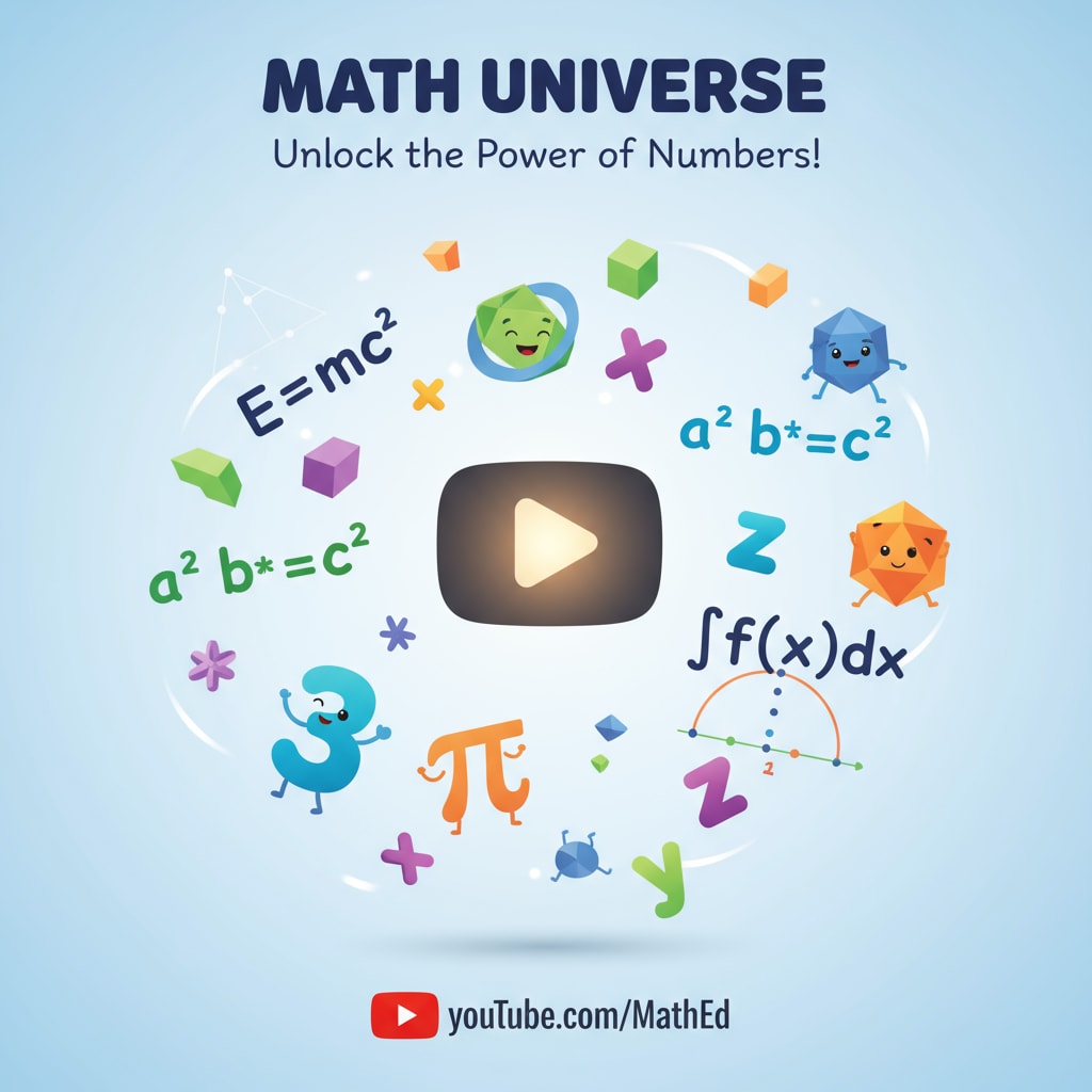 An image with animated math symbols and equations floating around, representing the educational content of math on YouTube. Animated math symbols for YouTube math educational content related to subject teaching and content recommendations