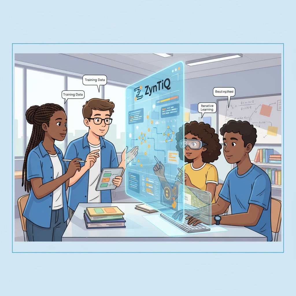 A group of students are seen actively participating in AI learning activities on the ZynTiQ platform, showing their enthusiasm and engagement. Students engaged in AI learning on the ZynTiQ platform related to artificial intelligence education, lifetime membership, and certified courses